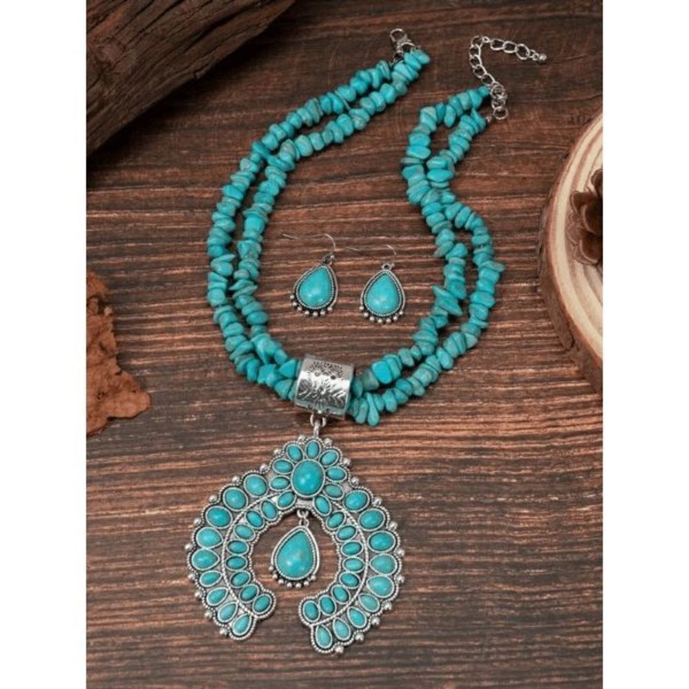 Silver Turquoise Western Squash Blossom Necklace & Earring Set